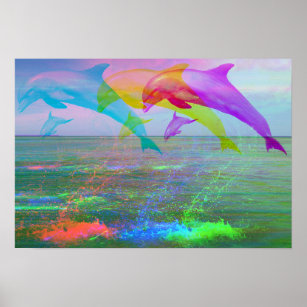 Leaping dolphins rainbow poster