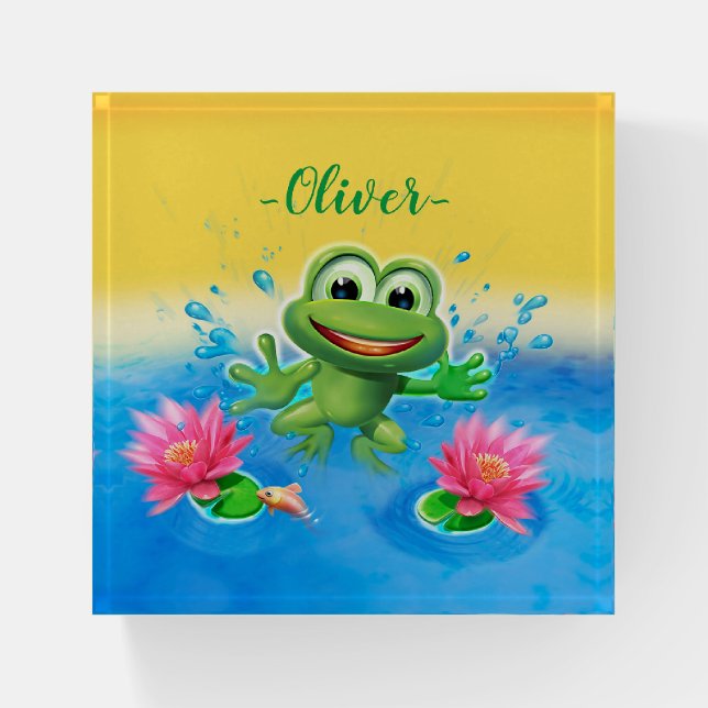 Leaping frog custom glass square block paperweight (Front)