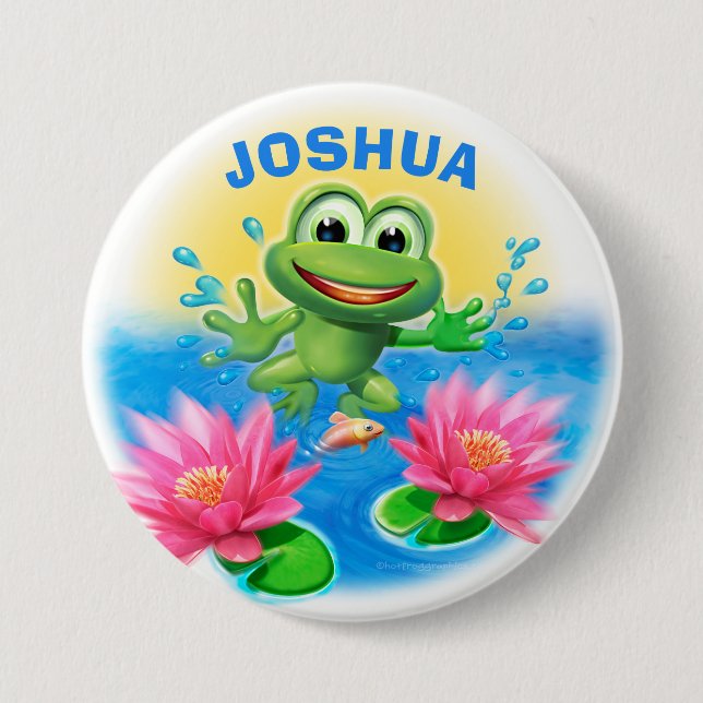 Leaping frog custom name birthday party badge button (Front)
