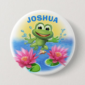 Leaping frog custom name birthday party badge button