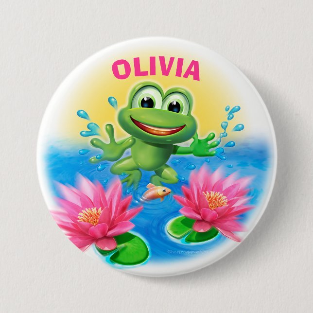 Leaping frog custom name birthday party badge button (Front)