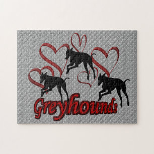 Leaping Greyhounds And Red Hearts Jigsaw Puzzle