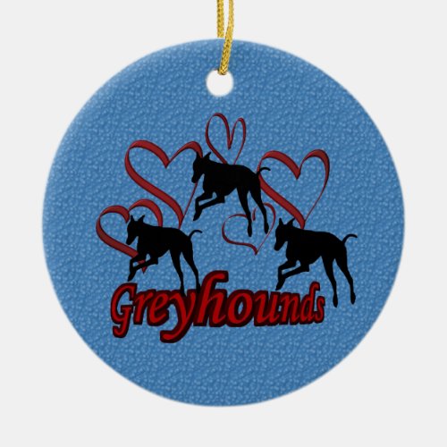 Leaping Greyhounds Hearts Dog Ornament