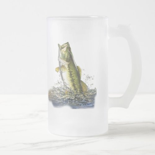 Leaping largemouth bass frosted glass beer mug