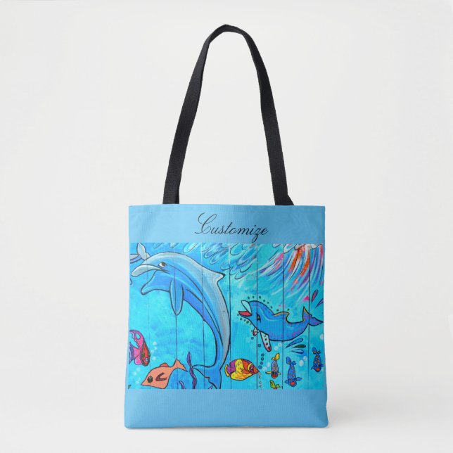 leaping laughing dolphins design blue tote bag (Front)