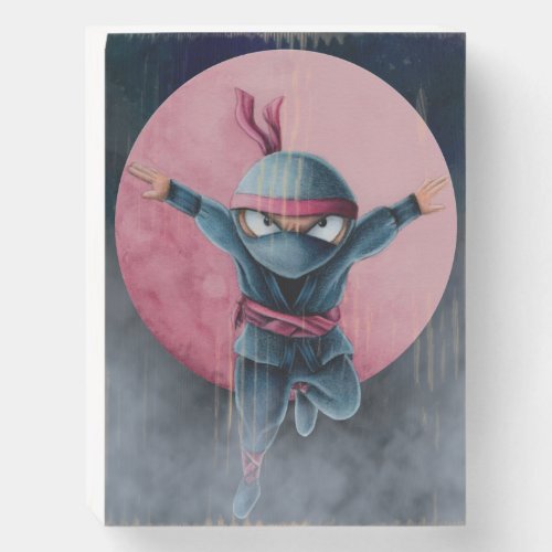 Leaping Ninja Red Moon  Wooden Box Sign