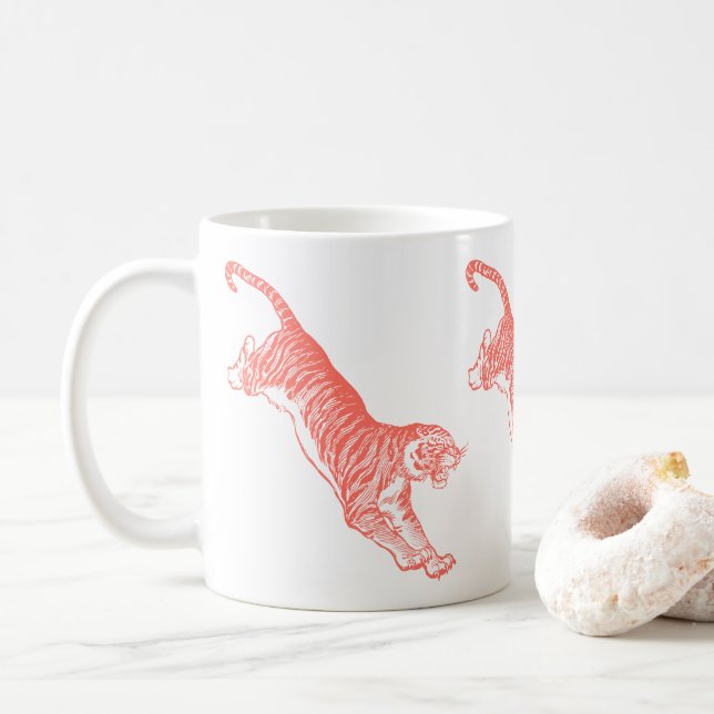 Leaping Orange Tigers Illustration Mug (With Donut)