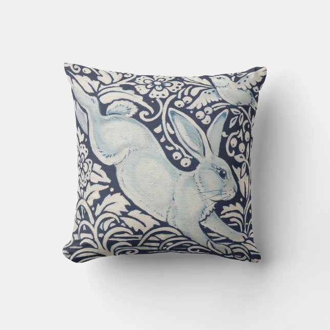 Leaping Rabbit, Bird Navy Blue Floral Animal Throw Pillow (Front)