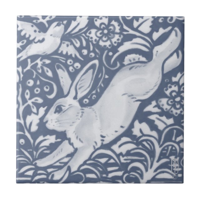 Leaping Rabbit Blue White Botanical Dedham Delft C Ceramic Tile (Front)
