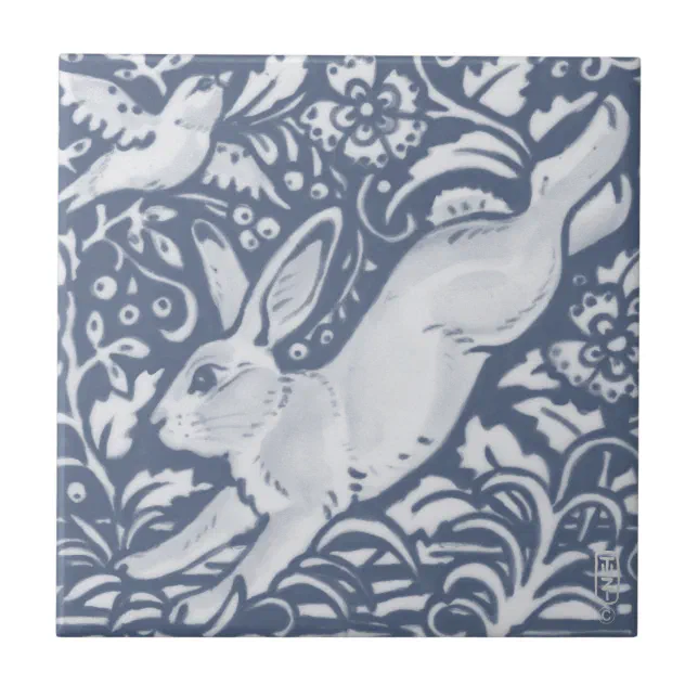 Leaping Rabbit Blue White Botanical Dedham Delft C Ceramic Tile | Zazzle