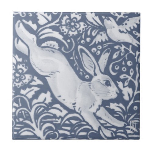 Leaping Rabbit Blue White Botanical Dedham Delft Ceramic Tile