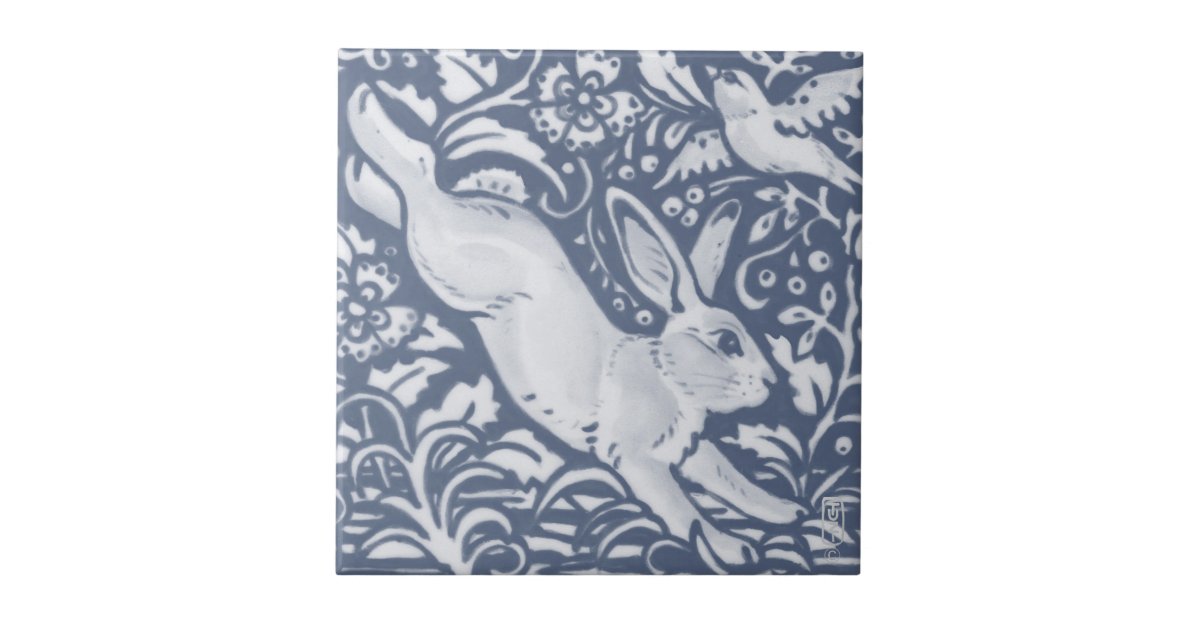 Leaping Rabbit Blue White Botanical Dedham Delft Ceramic Tile | Zazzle