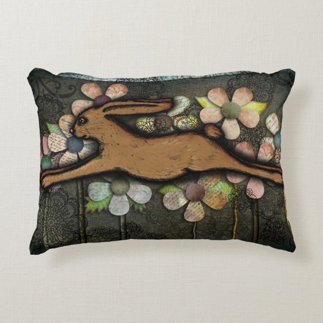 Leaping Rabbit Paper Flowers Collage Accent Pillow (Front)
