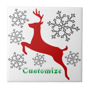 Leaping Red Deer Snowflakes Thunder_Cove Ceramic Tile