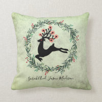 Leaping Reindeer Holly Wreath Custom Holiday Green Throw Pillow