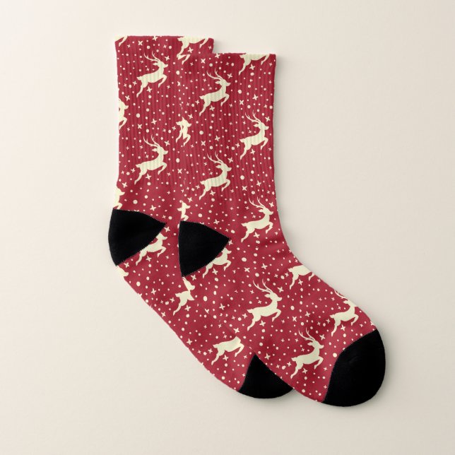 Leaping Reindeer on Christmas Red Background Socks (Pair)