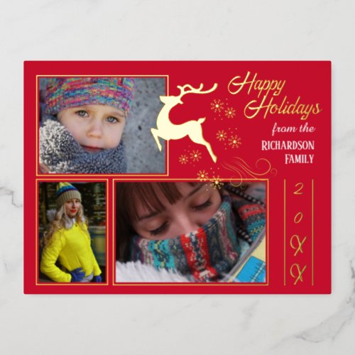 Leaping Reindeer Real Foil Photo Holiday Postcard