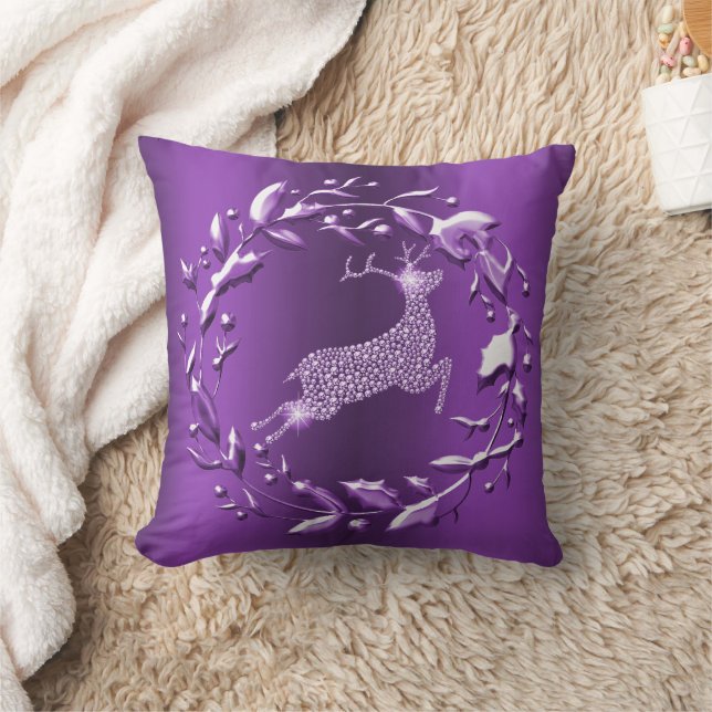Leaping Silver Reindeer on Purple Christmas Throw Pillow (Blanket)