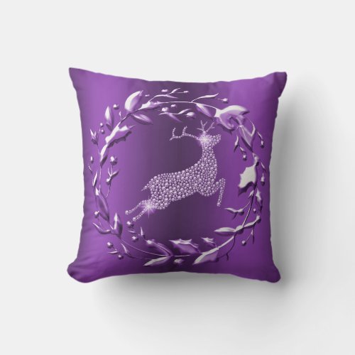 Leaping Silver Reindeer on Purple Christmas Throw Pillow