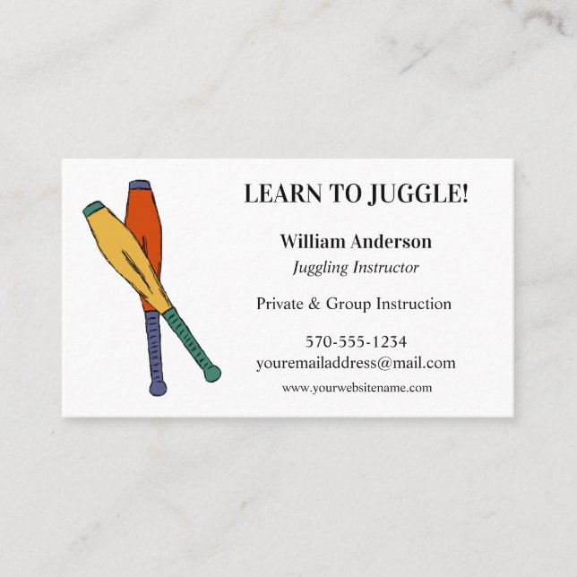 Learn to Juggle, Professional Juggler, Juggling Business Card (Front)