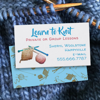 Learn To Knit Needles Yarn Knitting Lessons Business Card by pamdicar at Zazzle