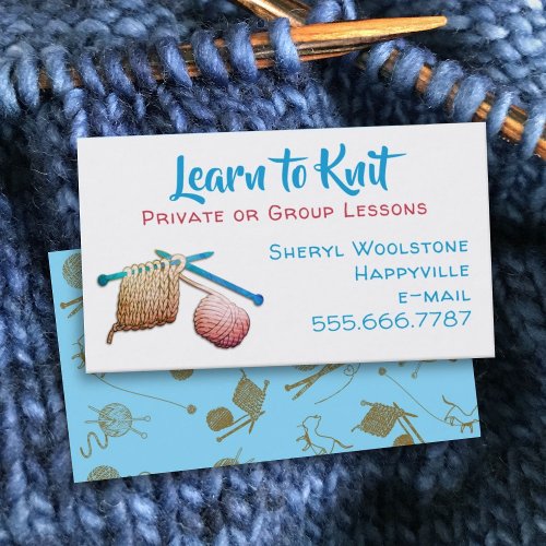 Learn to Knit Needles Yarn Knitting Lessons Business Card