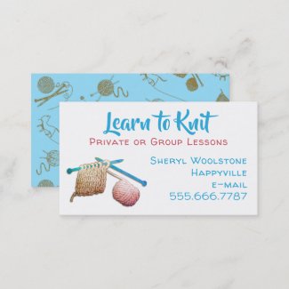 Learn to Knit Needles Yarn Knitting Lessons Business Card