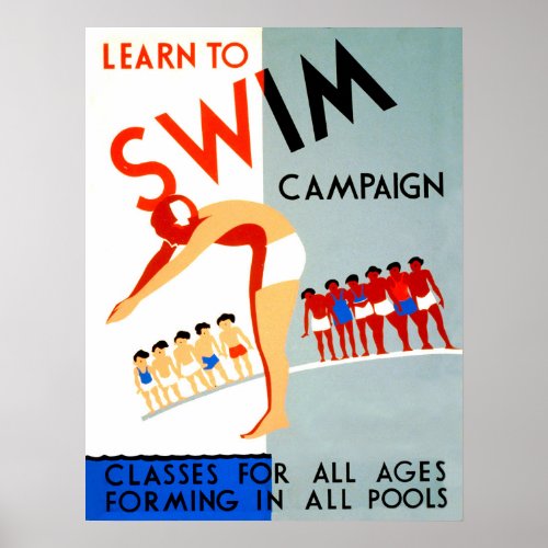 Learn to swim campaign vintage poster