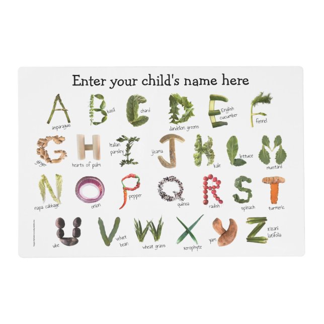Learning Fruits and Vegetables Food Alphabet  Placemat (Back)