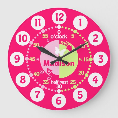 Learning time red pink green custom girls clock