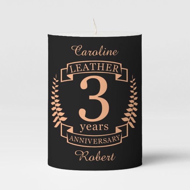 Leather 3 years wedding anniversary pillar candle (Front)
