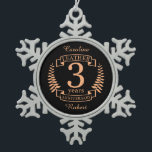 Leather 3 years wedding anniversary snowflake pewter christmas ornament<br><div class="desc">A design to celebrate 3 years of marriage. This design has a tan (leather) colored laurel design on a black background. Leather is the traditional gift for this occasion. The text reads Leather 3 years anniversary. A romantic design to celebrate your 3rd year of marriage. If you would like any...</div>