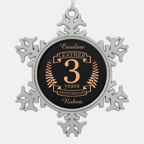 Leather 3 years wedding anniversary snowflake pewter christmas ornament