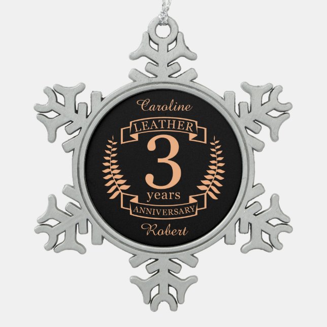 Leather 3 years wedding anniversary snowflake pewter christmas ornament (Front)