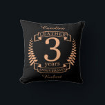 Leather 3 years wedding anniversary throw pillow<br><div class="desc">A design to celebrate 3 years of marriage. This design has a tan (leather) colored laurel design on a black background. Leather is the traditional gift for this occasion. The text reads Leather 3 years anniversary. A romantic design to celebrate your 3rd year of marriage. If you would like any...</div>