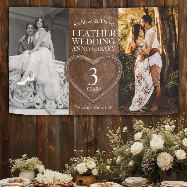 Leather 3rd wedding anniversary heart party banner (Creator Uploaded)