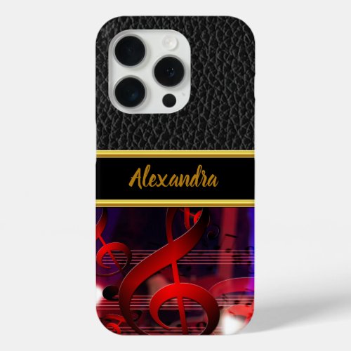 Leather and a gold Monogram with Red music notes iPhone 15 Pro Case