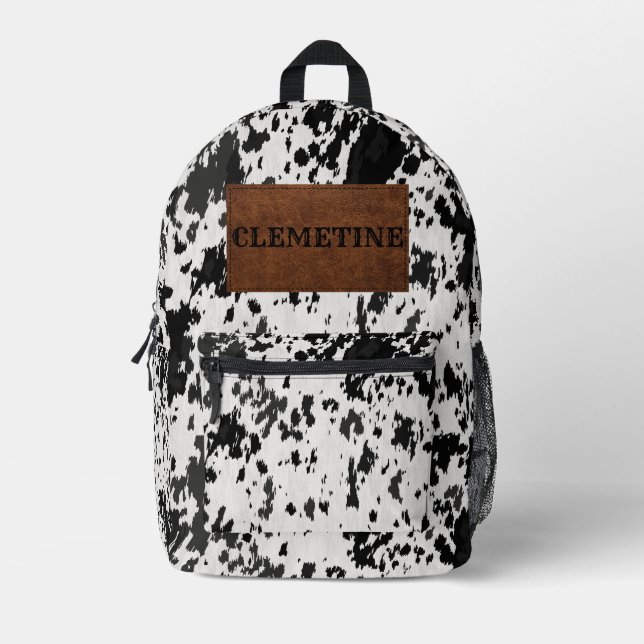 Leather and Cow Print Custom Name Backpack (Front)