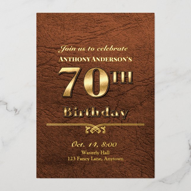 Leather and Gold 70th Birthday Party Foil Invitation (Front)