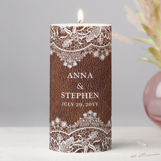 Leather and Lace Couple's Wedding Pillar Candle (In Situ)