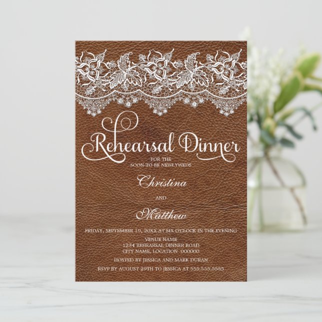 Leather and Lace Look Rehearsal Dinner Invitation (Standing Front)