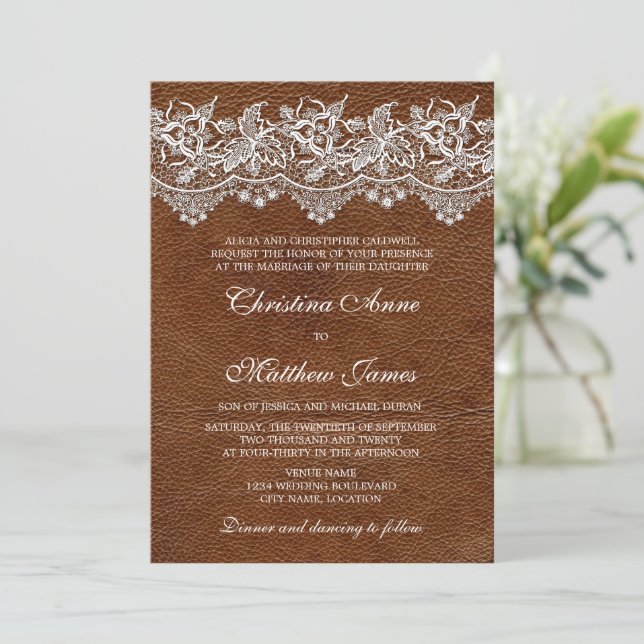 Leather and Lace Look Wedding Invitation (Standing Front)