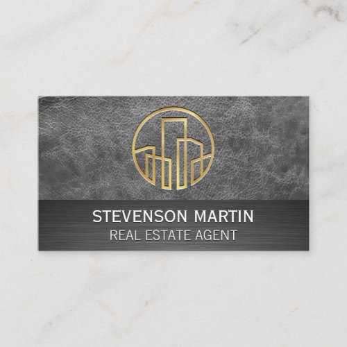 Leather and Metallic  Gold Embossed Buildings Business Card