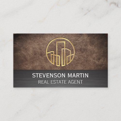 Leather and Metallic  Gold Embossed Buildings Business Card