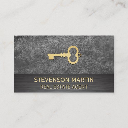 Leather and Metallic  Gold Skeleton Key Business Card