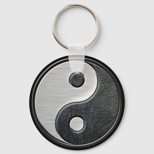 Leather and Steel Effect Yin Yang Graphic Keychain (Front)