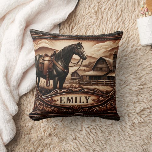 Leather Art Depicting Horse Near Rustic Barn Throw Pillow