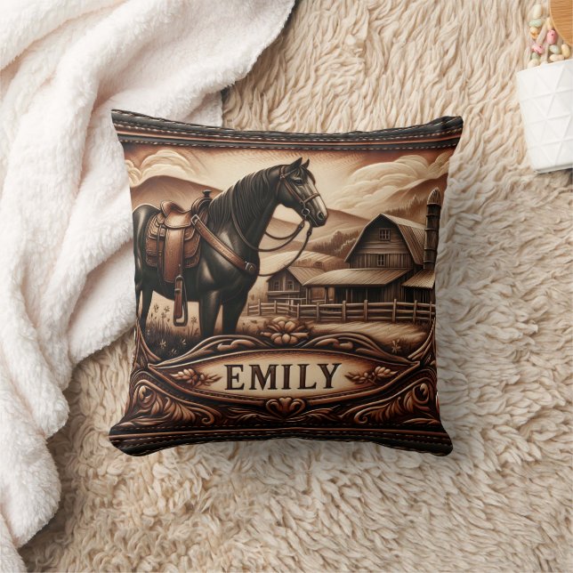 Leather Art Depicting Horse Near Rustic Barn Throw Pillow (Blanket)