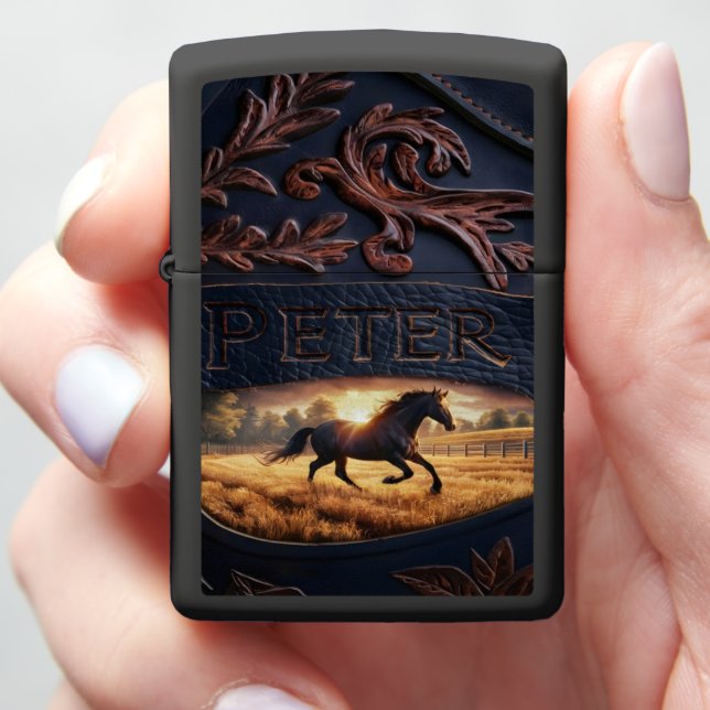 Leather Artwork With Horse Zippo Lighter (In Hand)