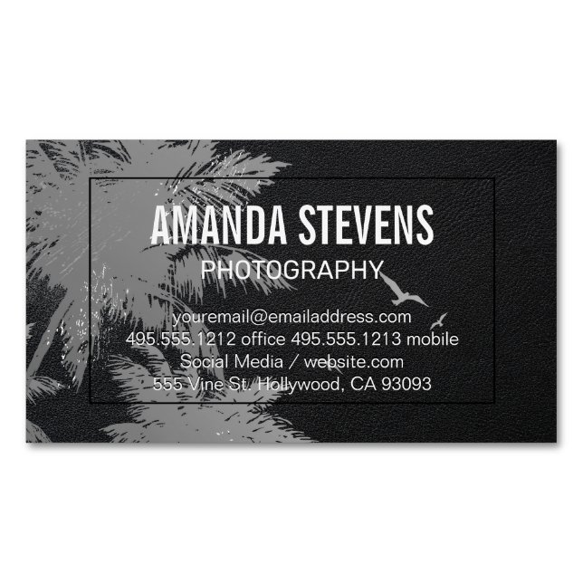 Leather Background | Tropical Trees and Birds Business Card Magnet (Front)
